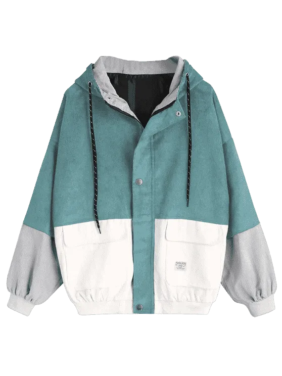 White Green Hooded Color Block Corduroy Jacket