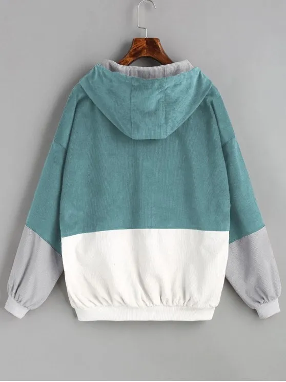 White Green Hooded Color Block Corduroy Jacket
