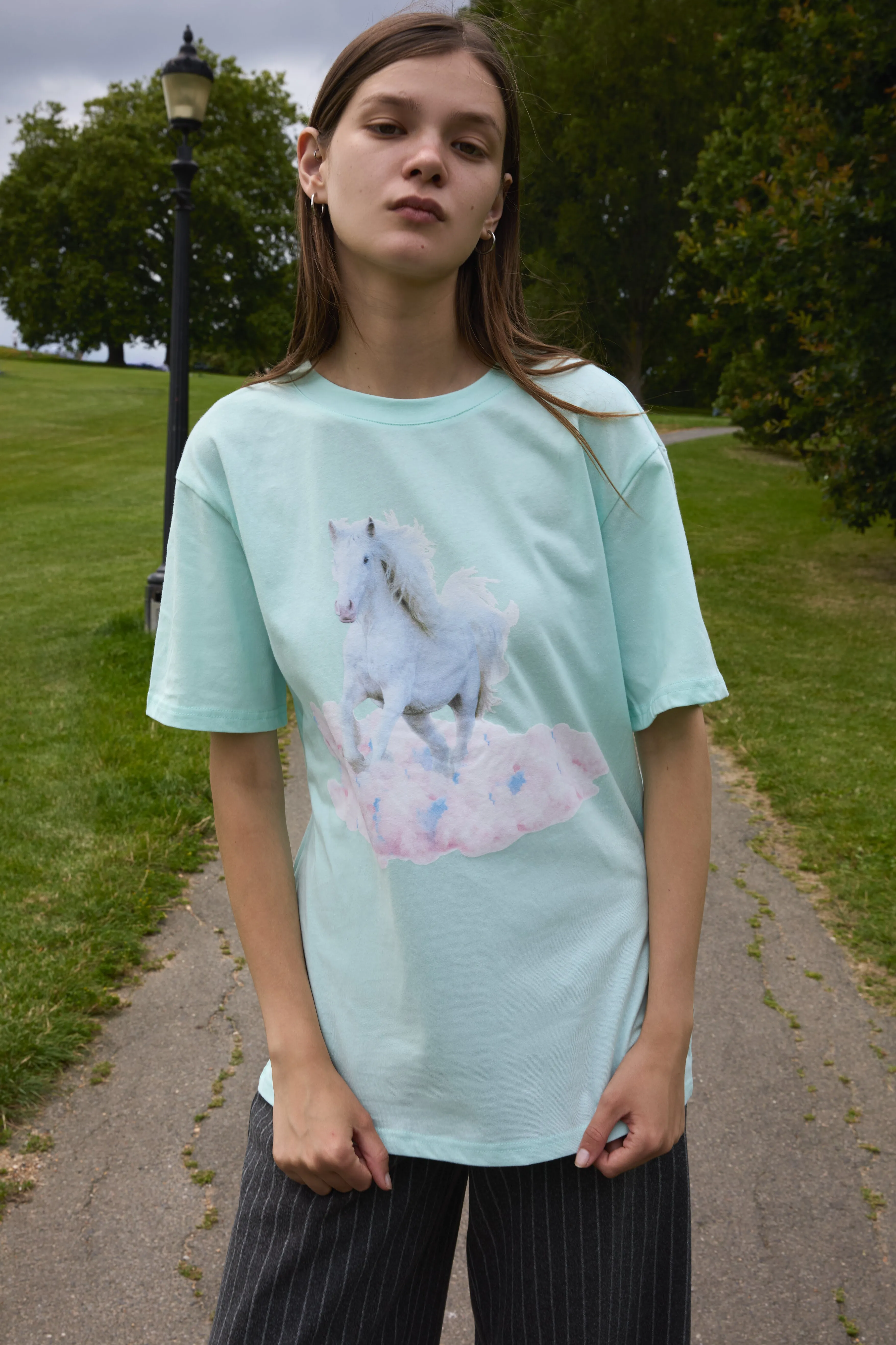 White Horse Print Unisex T-Shirt in Light Mint Green