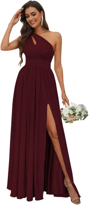 Womem's One Shoulder Bridesmaid Dresses Side Slit Pleated Chiffon Long Formal Gowns Prom Dress with Pockets