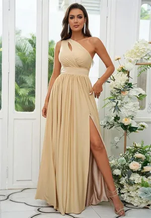 Womem's One Shoulder Bridesmaid Dresses Side Slit Pleated Chiffon Long Formal Gowns Prom Dress with Pockets