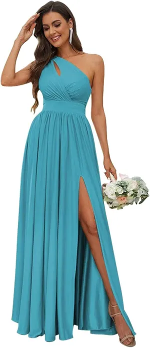 Womem's One Shoulder Bridesmaid Dresses Side Slit Pleated Chiffon Long Formal Gowns Prom Dress with Pockets