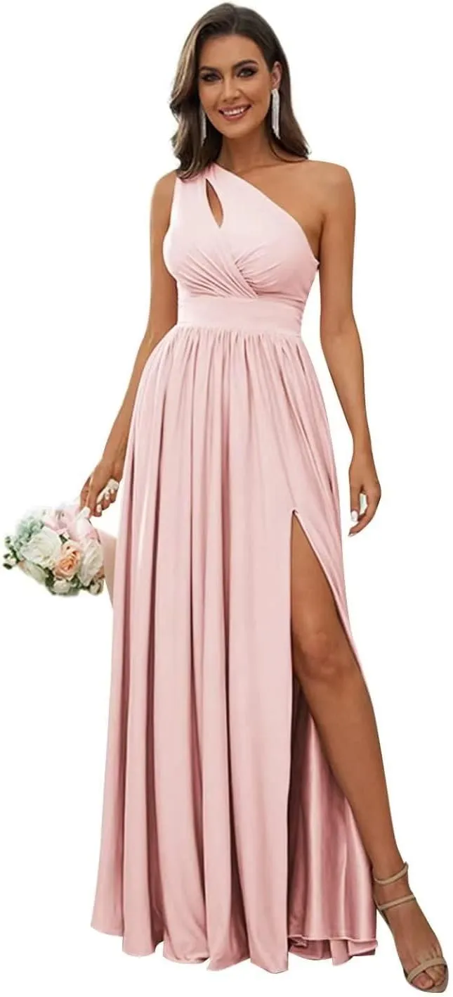 Womem's One Shoulder Bridesmaid Dresses Side Slit Pleated Chiffon Long Formal Gowns Prom Dress with Pockets