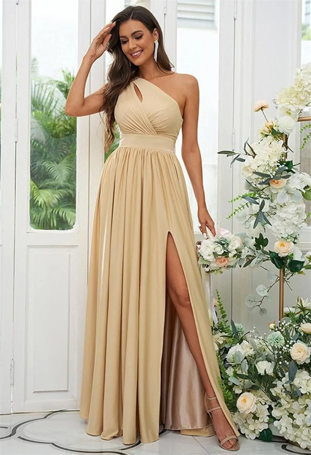 Womem's One Shoulder Bridesmaid Dresses Side Slit Pleated Chiffon Long Formal Gowns Prom Dress with Pockets