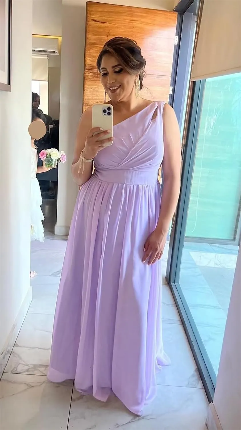 Womem's One Shoulder Bridesmaid Dresses Side Slit Pleated Chiffon Long Formal Gowns Prom Dress with Pockets