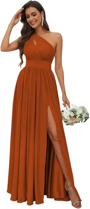 Womem's One Shoulder Bridesmaid Dresses Side Slit Pleated Chiffon Long Formal Gowns Prom Dress with Pockets