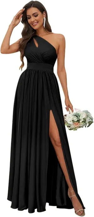Womem's One Shoulder Bridesmaid Dresses Side Slit Pleated Chiffon Long Formal Gowns Prom Dress with Pockets