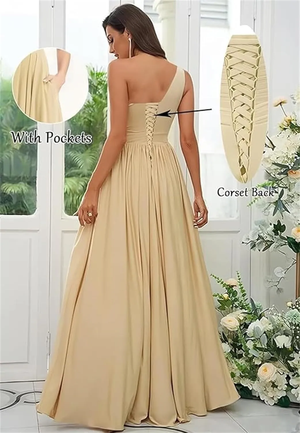 Womem's One Shoulder Bridesmaid Dresses Side Slit Pleated Chiffon Long Formal Gowns Prom Dress with Pockets