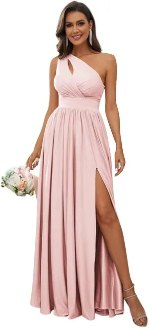 Womem's One Shoulder Bridesmaid Dresses Side Slit Pleated Chiffon Long Formal Gowns Prom Dress with Pockets