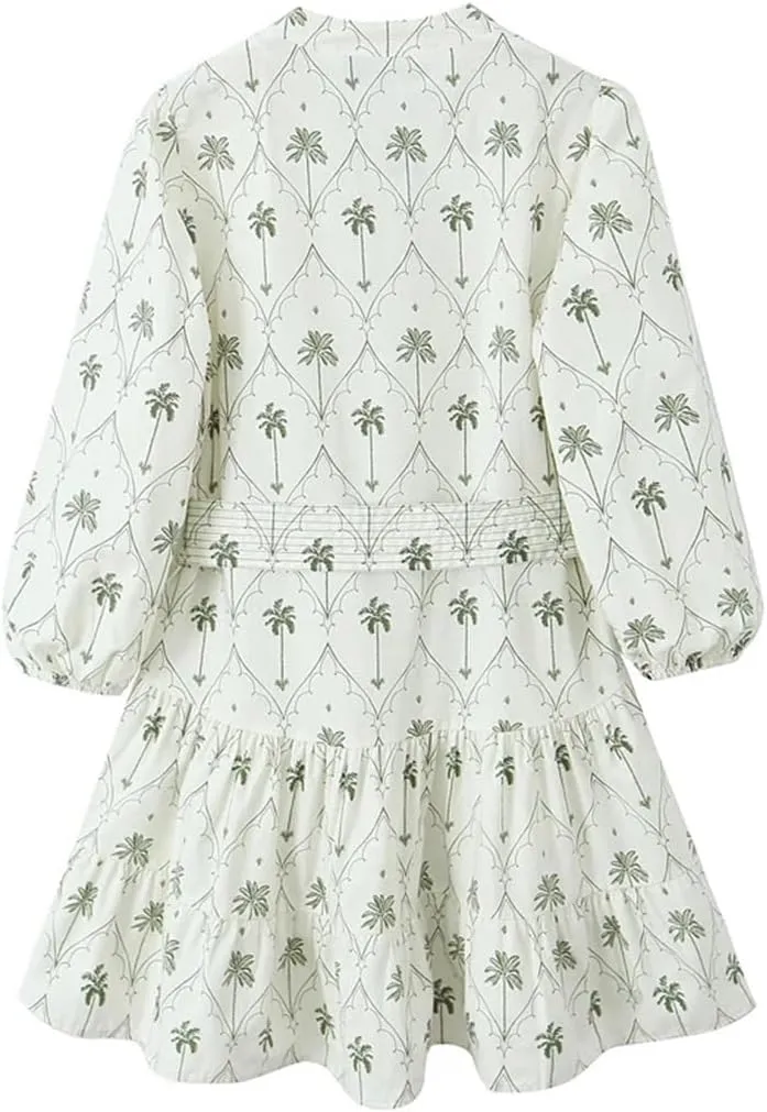 Women Floral Dress V-Neck Print Ruffle Mini Long Sleeve Short Dress Female Frocks