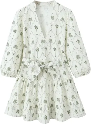 Women Floral Dress V-Neck Print Ruffle Mini Long Sleeve Short Dress Female Frocks
