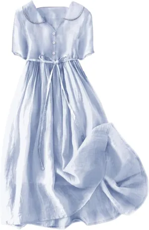 Women Korean Style Dresses Lace-Up Waist-Defined Henley Shirt Midi Dress Summer Half Sleeve Trendy A-Line Dress