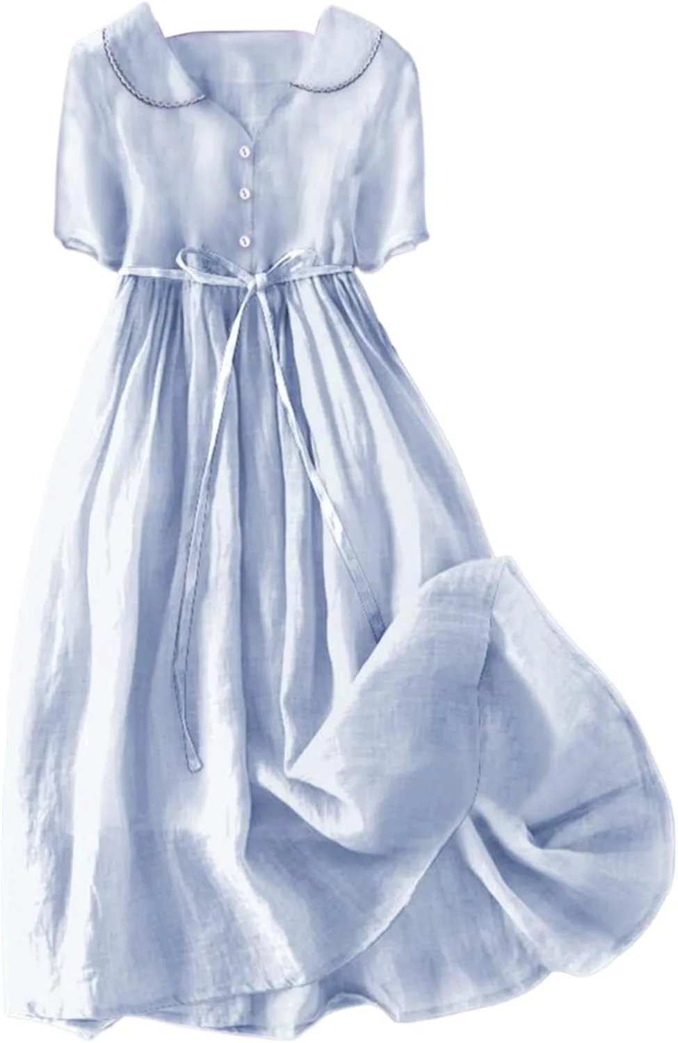 Women Korean Style Dresses Lace-Up Waist-Defined Henley Shirt Midi Dress Summer Half Sleeve Trendy A-Line Dress
