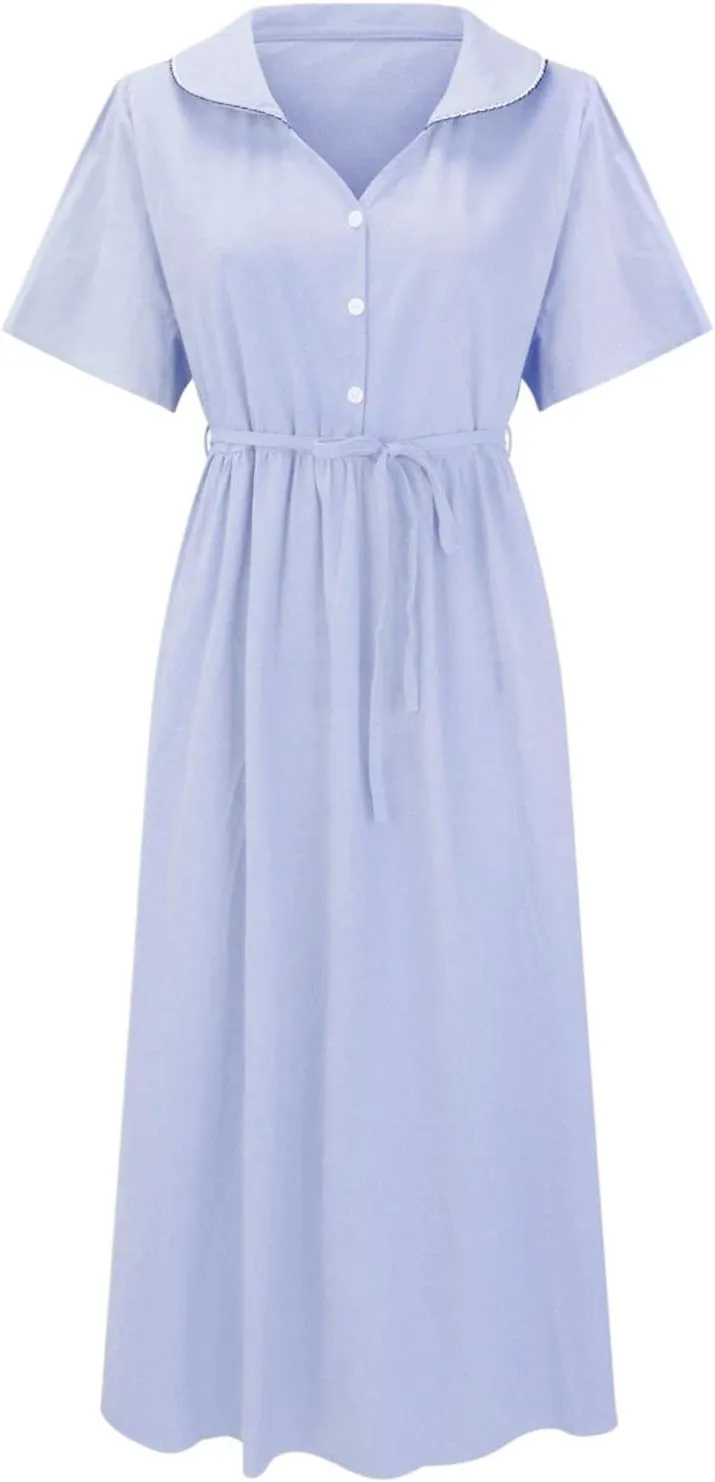 Women Korean Style Dresses Lace-Up Waist-Defined Henley Shirt Midi Dress Summer Half Sleeve Trendy A-Line Dress