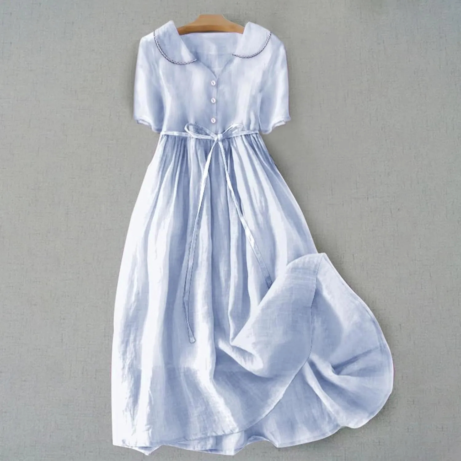Women Korean Style Dresses Lace-Up Waist-Defined Henley Shirt Midi Dress Summer Half Sleeve Trendy A-Line Dress