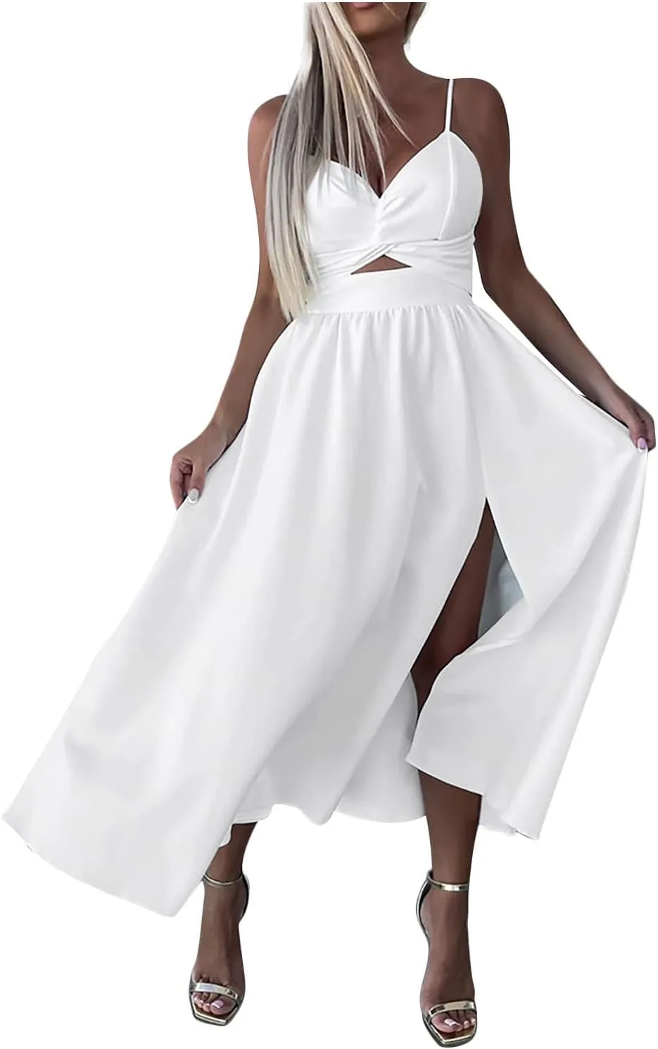Women Sexy Sleeveless Maxi Dresses Summer Cutout Twist Front V-Neck Sundress Side Split Beach Long Dress with Pockets
