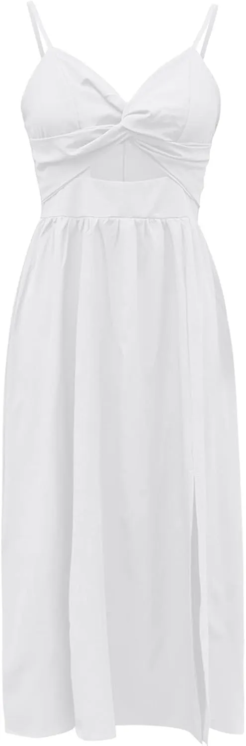Women Sexy Sleeveless Maxi Dresses Summer Cutout Twist Front V-Neck Sundress Side Split Beach Long Dress with Pockets