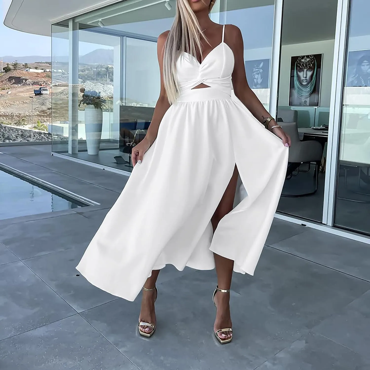 Women Sexy Sleeveless Maxi Dresses Summer Cutout Twist Front V-Neck Sundress Side Split Beach Long Dress with Pockets