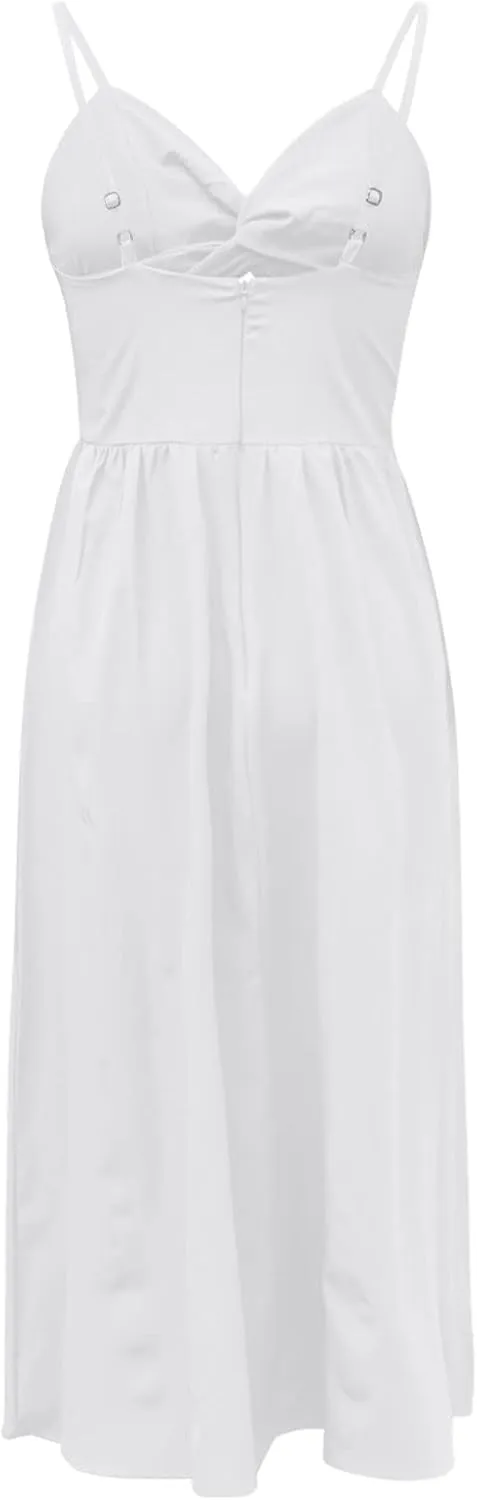 Women Sexy Sleeveless Maxi Dresses Summer Cutout Twist Front V-Neck Sundress Side Split Beach Long Dress with Pockets