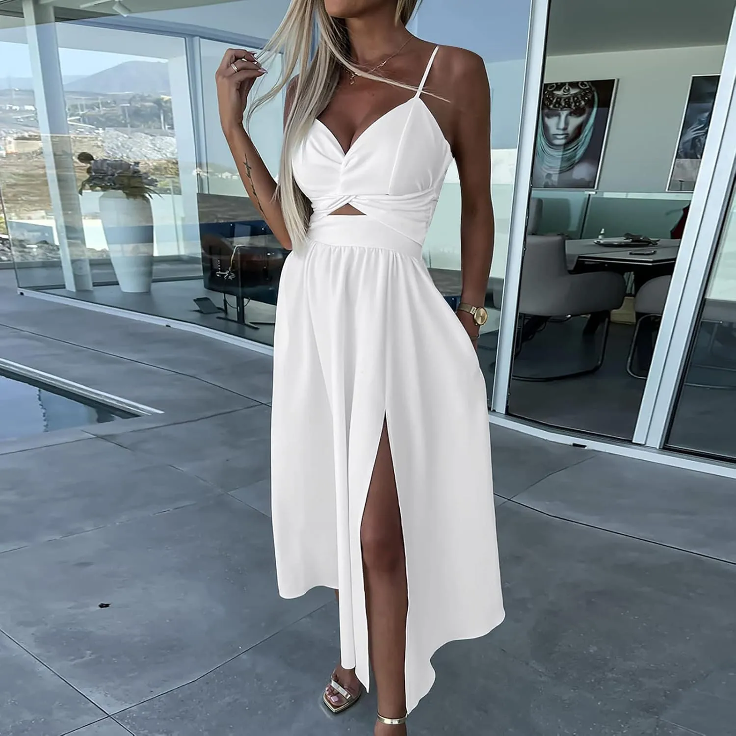 Women Sexy Sleeveless Maxi Dresses Summer Cutout Twist Front V-Neck Sundress Side Split Beach Long Dress with Pockets