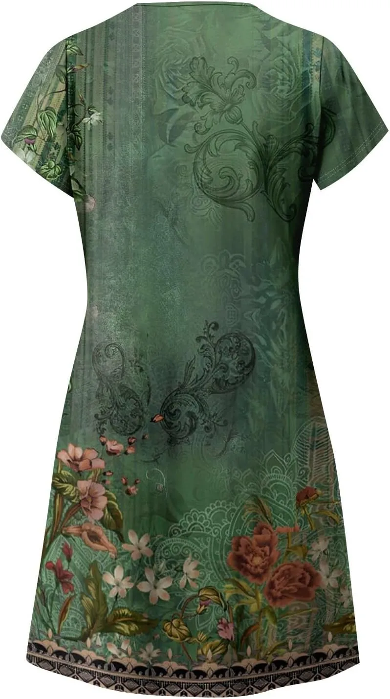 Women's Bohemian Floral Print Summer Dress with Pockets Short Sleeve V-Neck Casual Loose Fit Sundress