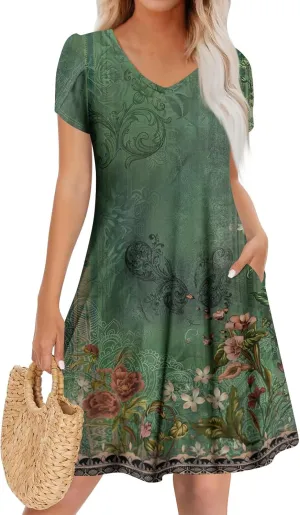 Women's Bohemian Floral Print Summer Dress with Pockets Short Sleeve V-Neck Casual Loose Fit Sundress