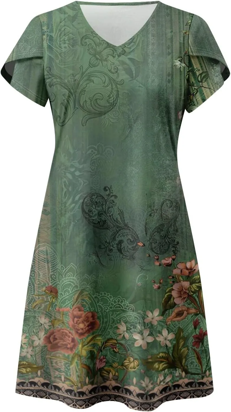 Women's Bohemian Floral Print Summer Dress with Pockets Short Sleeve V-Neck Casual Loose Fit Sundress