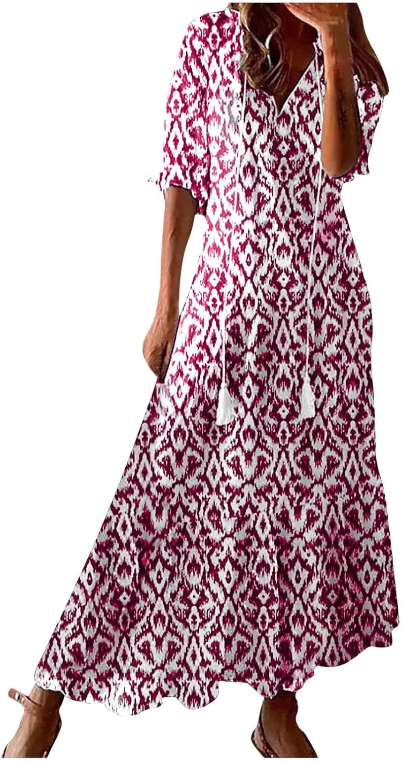 Women's Boho Floral Dress Wrap V Neck 3/4 Sleeve Maxi Dresses Summer Ruffle Pleated Swing High Waist Flowy Dress