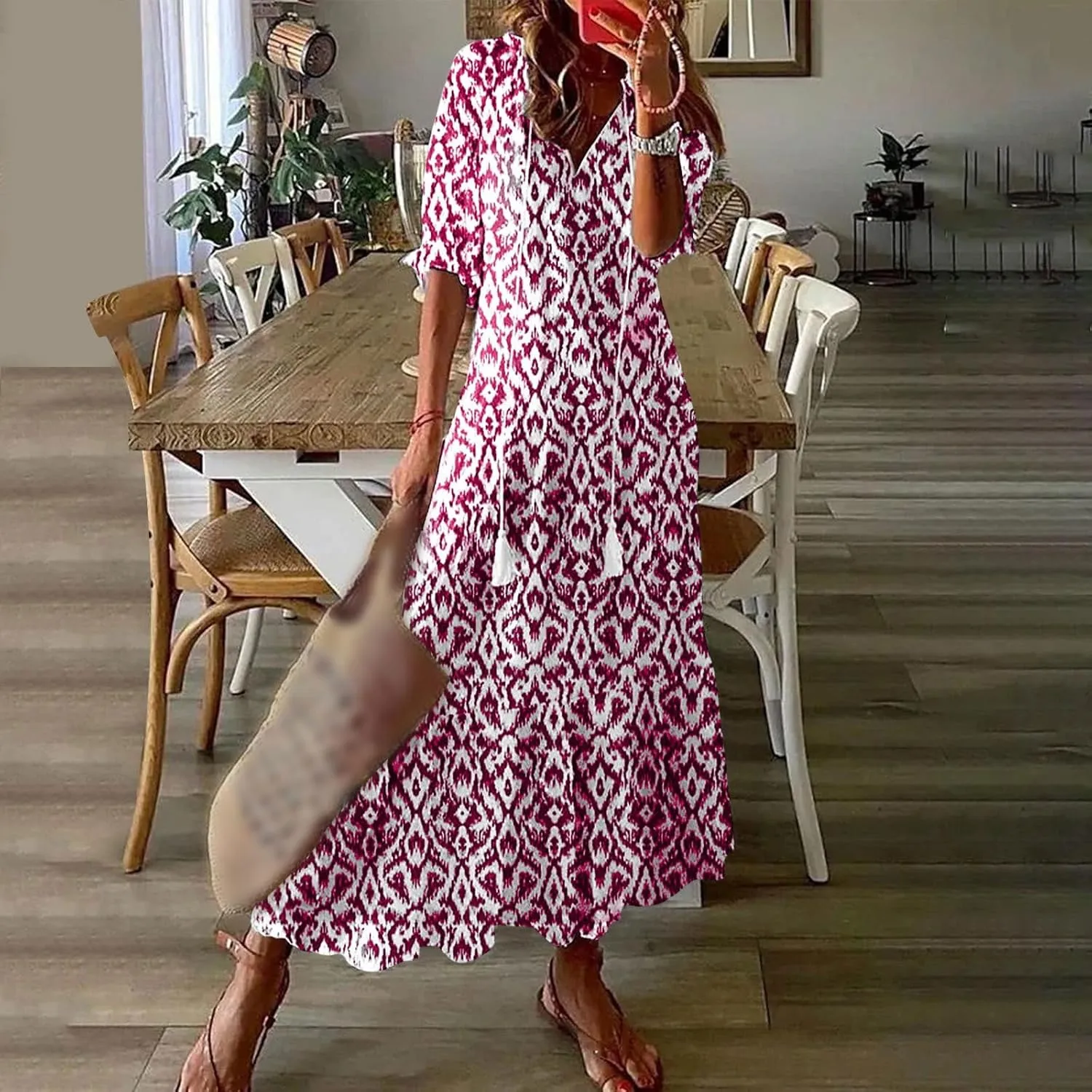 Women's Boho Floral Dress Wrap V Neck 3/4 Sleeve Maxi Dresses Summer Ruffle Pleated Swing High Waist Flowy Dress