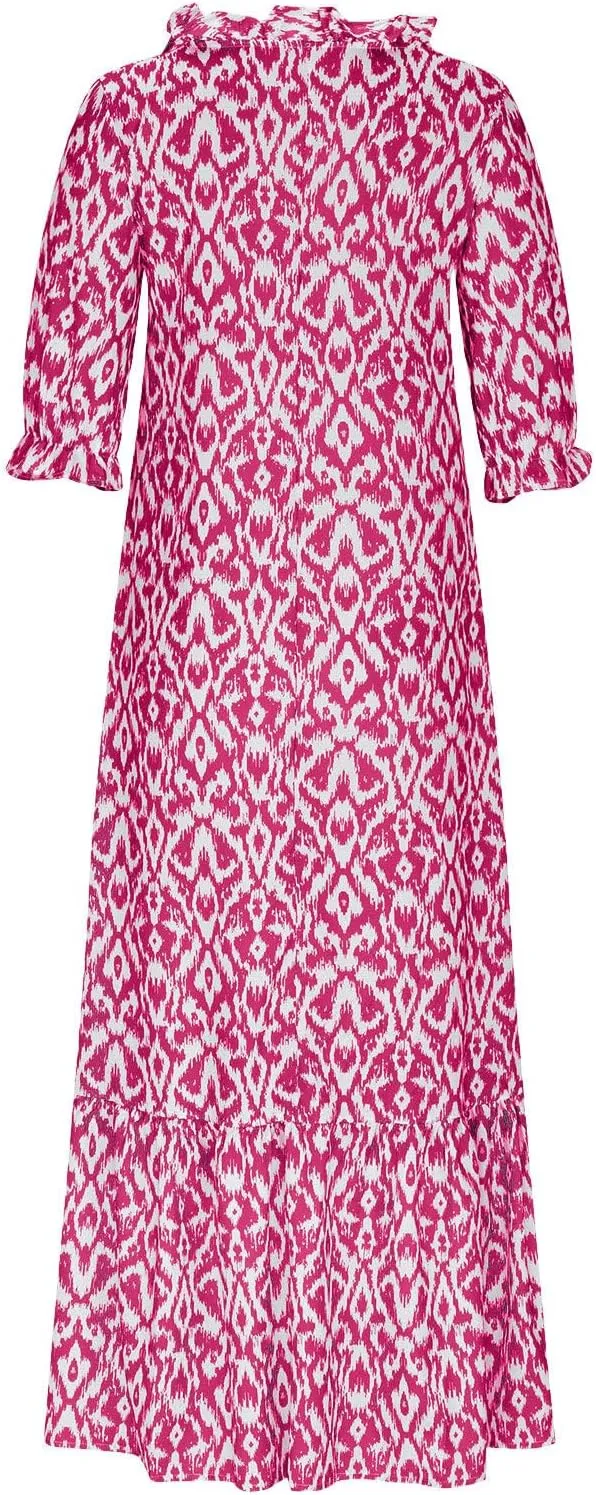 Women's Boho Floral Dress Wrap V Neck 3/4 Sleeve Maxi Dresses Summer Ruffle Pleated Swing High Waist Flowy Dress