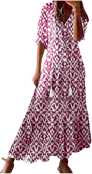 Women's Boho Floral Dress Wrap V Neck 3/4 Sleeve Maxi Dresses Summer Ruffle Pleated Swing High Waist Flowy Dress