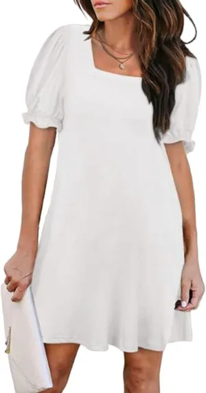 Women's Casual Dresses Square Neck Puff Sleeve Mini Dress Summer Loose Solid A Line Swing Tshirt Sundress 2025
