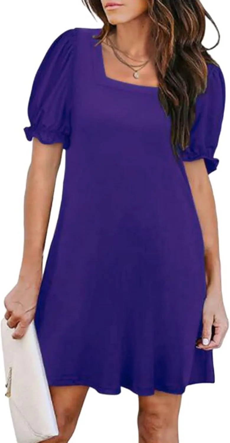 Women's Casual Dresses Square Neck Puff Sleeve Mini Dress Summer Loose Solid A Line Swing Tshirt Sundress 2025