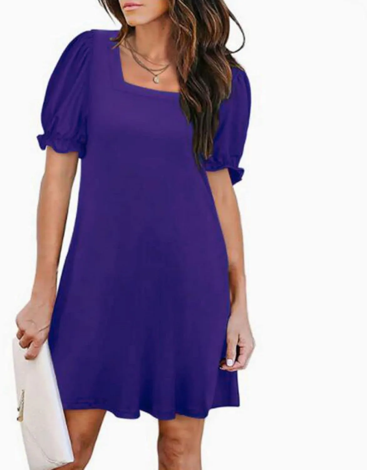 Women's Casual Dresses Square Neck Puff Sleeve Mini Dress Summer Loose Solid A Line Swing Tshirt Sundress 2025