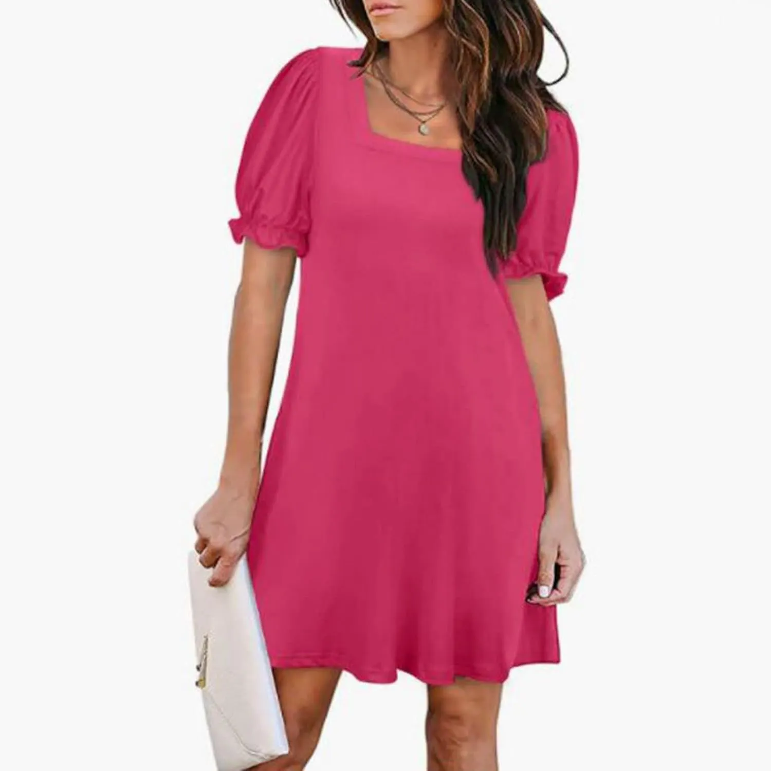 Women's Casual Dresses Square Neck Puff Sleeve Mini Dress Summer Loose Solid A Line Swing Tshirt Sundress 2025