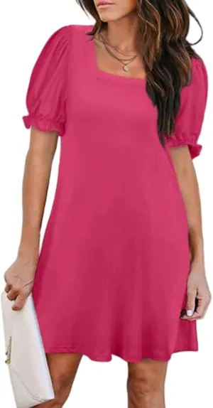 Women's Casual Dresses Square Neck Puff Sleeve Mini Dress Summer Loose Solid A Line Swing Tshirt Sundress 2025