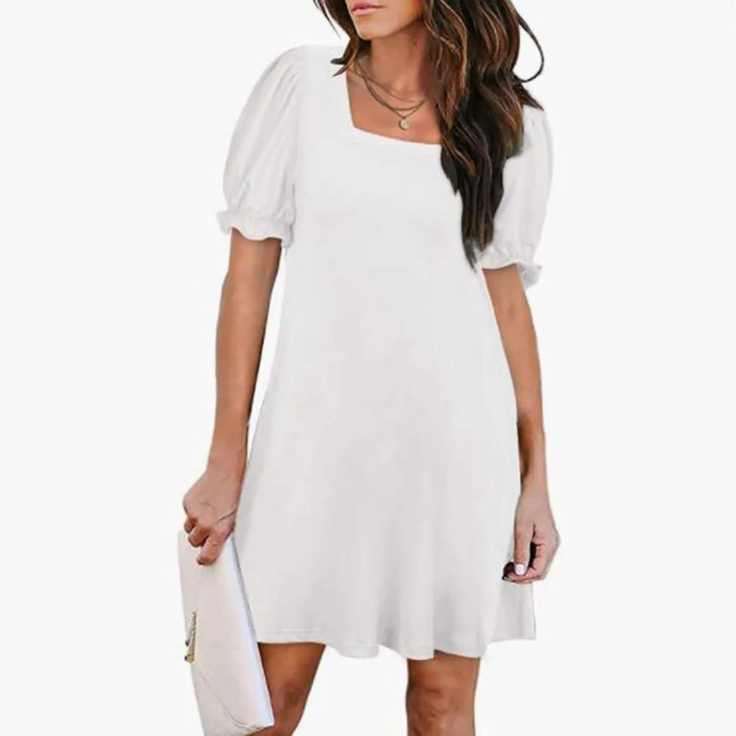Women's Casual Dresses Square Neck Puff Sleeve Mini Dress Summer Loose Solid A Line Swing Tshirt Sundress 2025