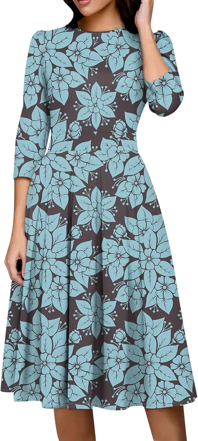 Women's Floral Print A-Line Midi Dress with 3/4 Sleeves Elegant Casual Wear for Spring and Summer Outings