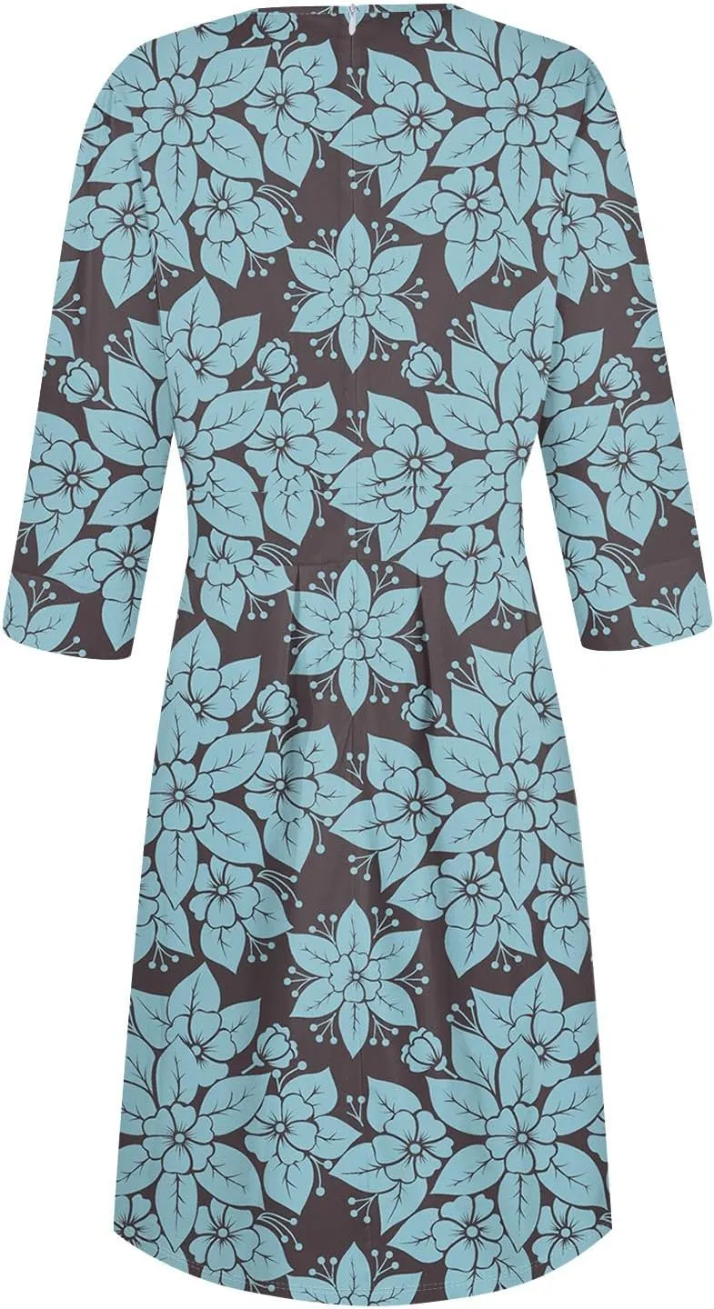 Women's Floral Print A-Line Midi Dress with 3/4 Sleeves Elegant Casual Wear for Spring and Summer Outings