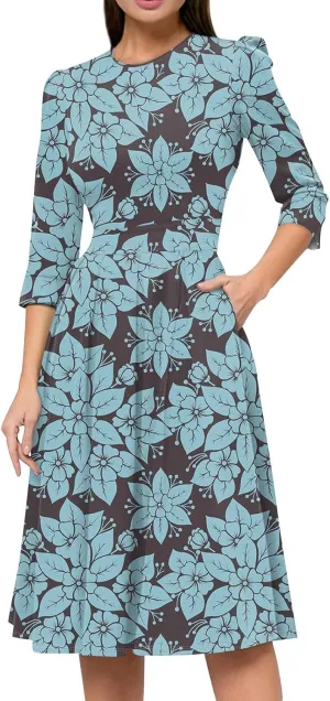 Women's Floral Print A-Line Midi Dress with 3/4 Sleeves Elegant Casual Wear for Spring and Summer Outings