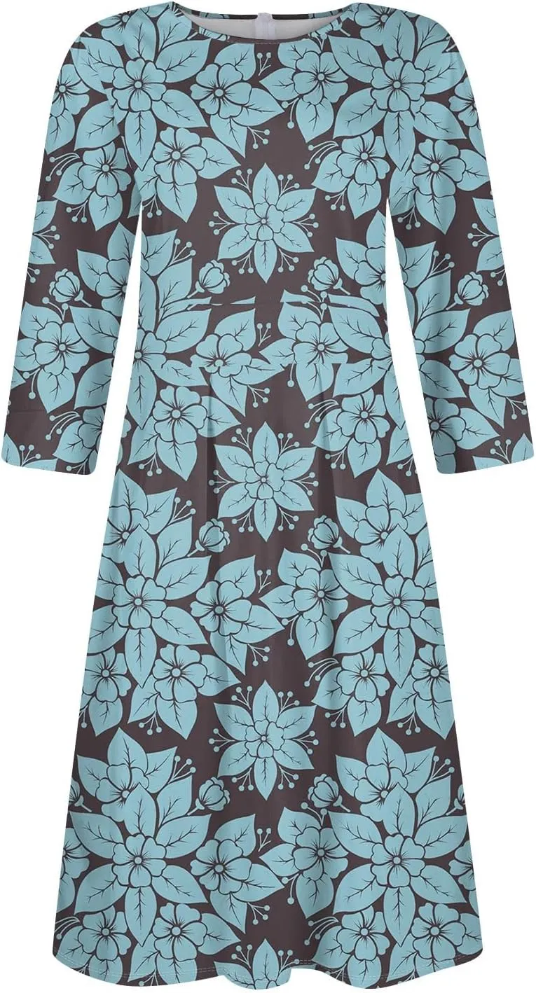 Women's Floral Print A-Line Midi Dress with 3/4 Sleeves Elegant Casual Wear for Spring and Summer Outings