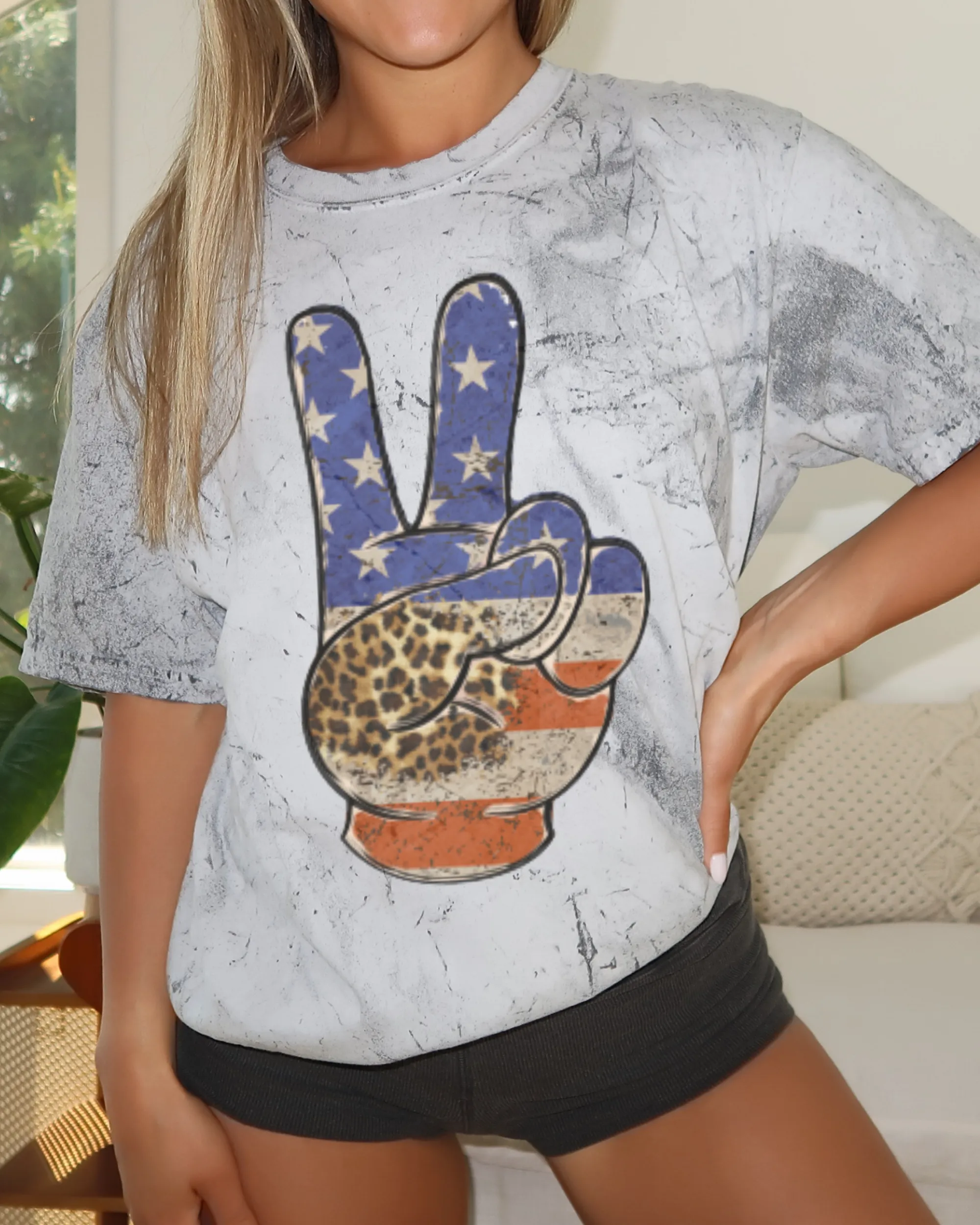 Women's Fourth of July Hippie Peace Sign Unisex Color Blast T-Shirt, July 4th Tie-Dye, Red White Blue Oversized Design