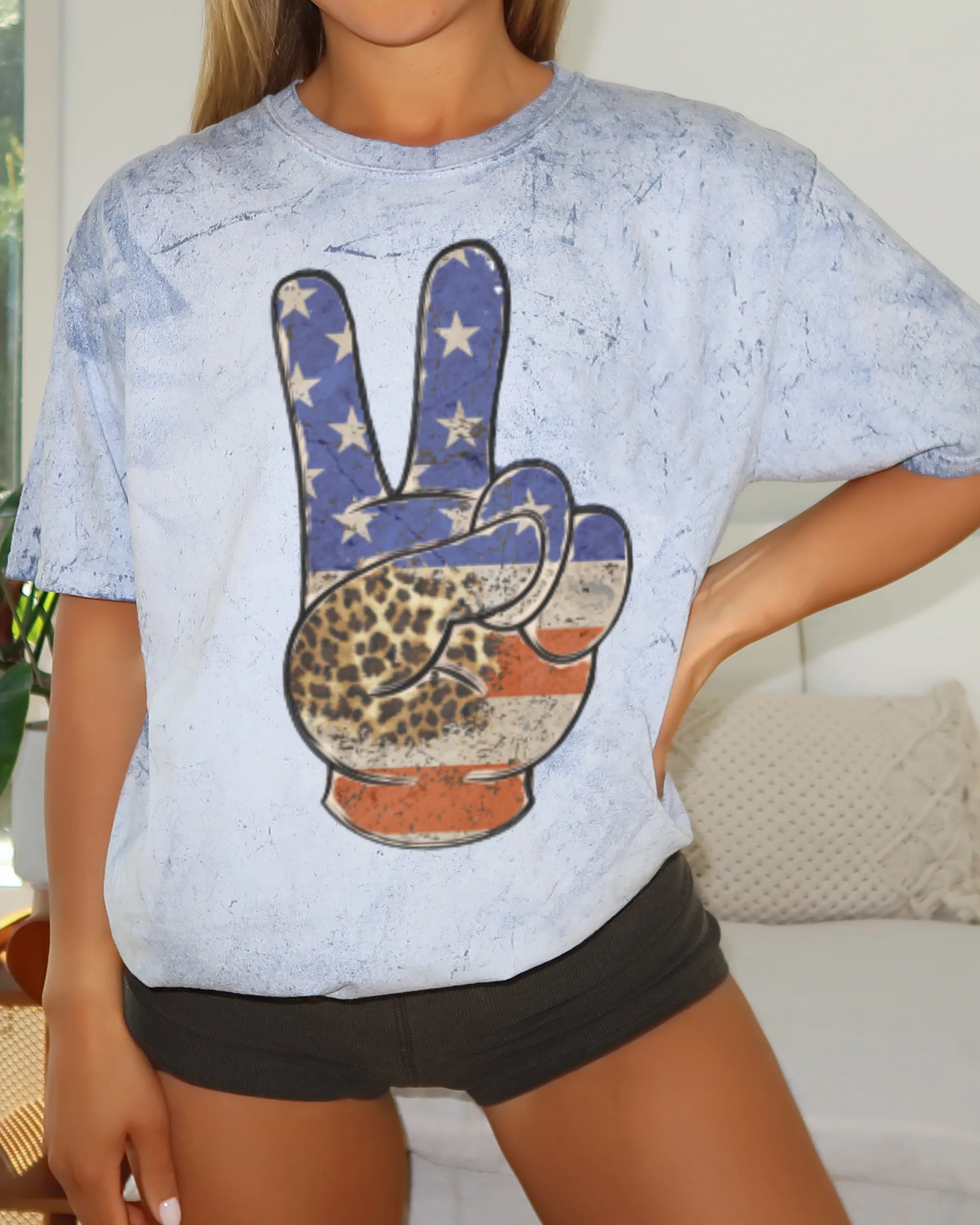Women's Fourth of July Hippie Peace Sign Unisex Color Blast T-Shirt, July 4th Tie-Dye, Red White Blue Oversized Design
