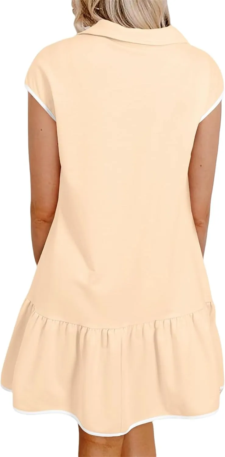 Womens Half Zip Dress Polo Neck Short Slevee Mini Dresses Summer Casual Pleated Swing Patchwork Dress with Pockets
