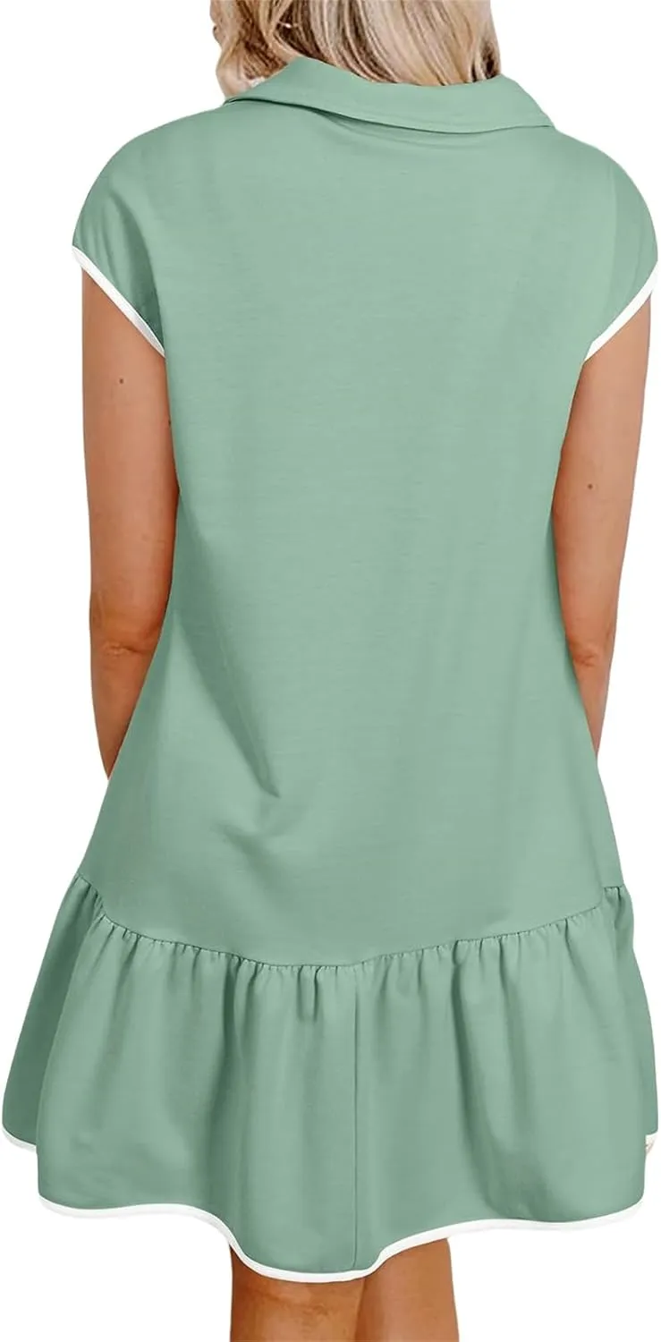 Womens Half Zip Dress Polo Neck Short Slevee Mini Dresses Summer Casual Pleated Swing Patchwork Dress with Pockets