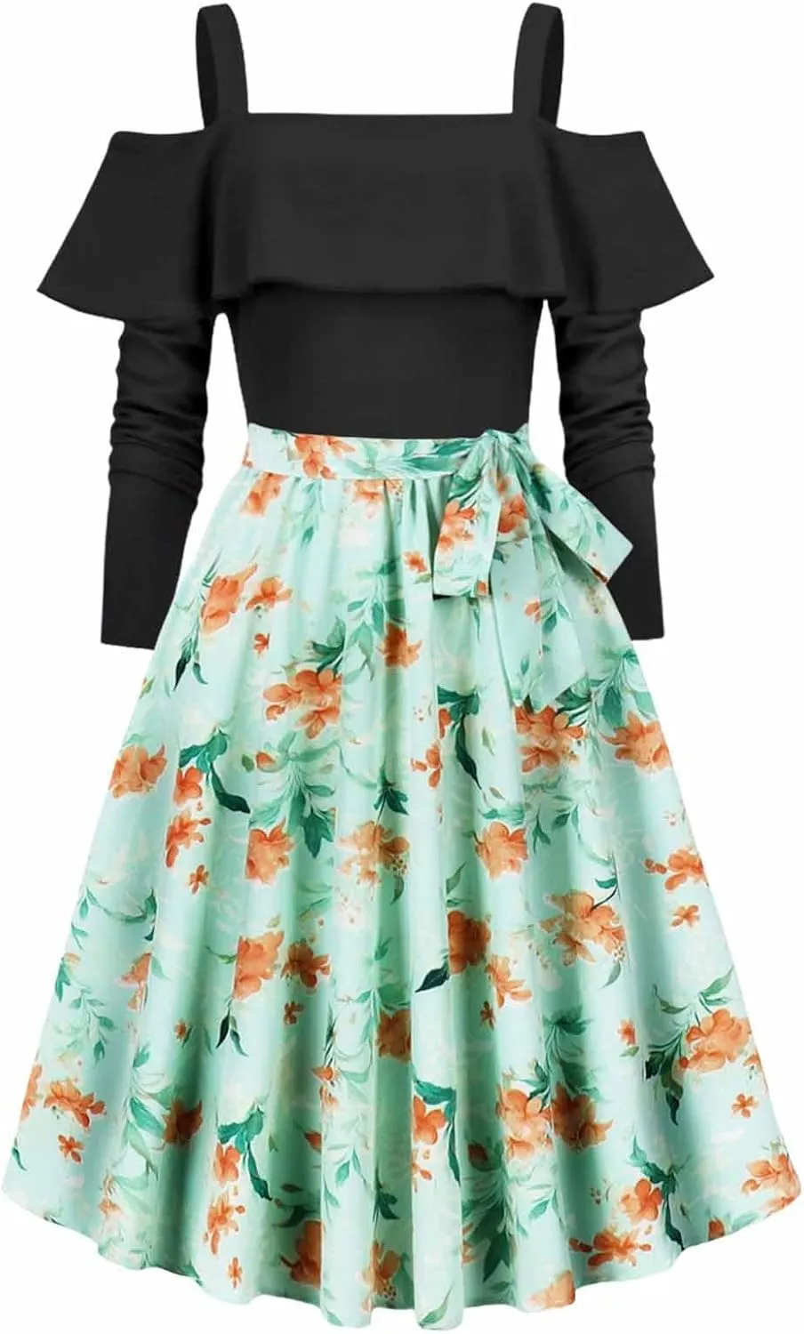 Women's Hepburn Floral Print Dress Long Sleeve Off-Shoulder Dresses Ruffles Patchwork Cocktail Party Evening Gown