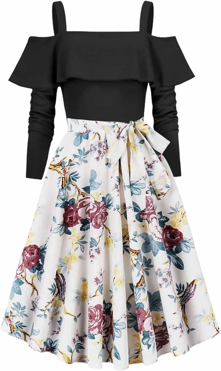 Women's Hepburn Floral Print Dress Long Sleeve Off-Shoulder Dresses Ruffles Patchwork Cocktail Party Evening Gown