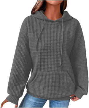 Womens Hoodies Fashion Solid Color Tops Long Sleeve Casual Loose Fitted Sweatshirt Pocket Drawstring Pullover