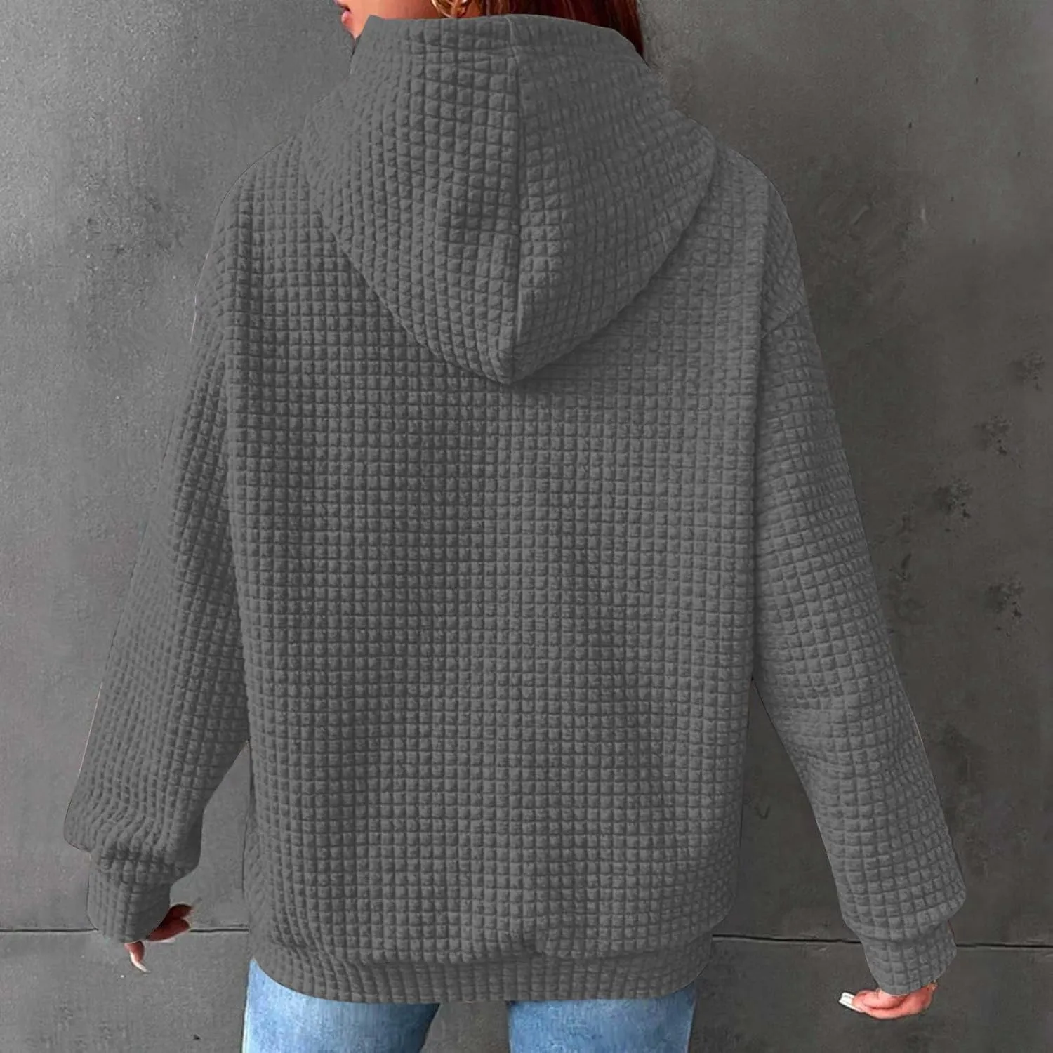 Womens Hoodies Fashion Solid Color Tops Long Sleeve Casual Loose Fitted Sweatshirt Pocket Drawstring Pullover