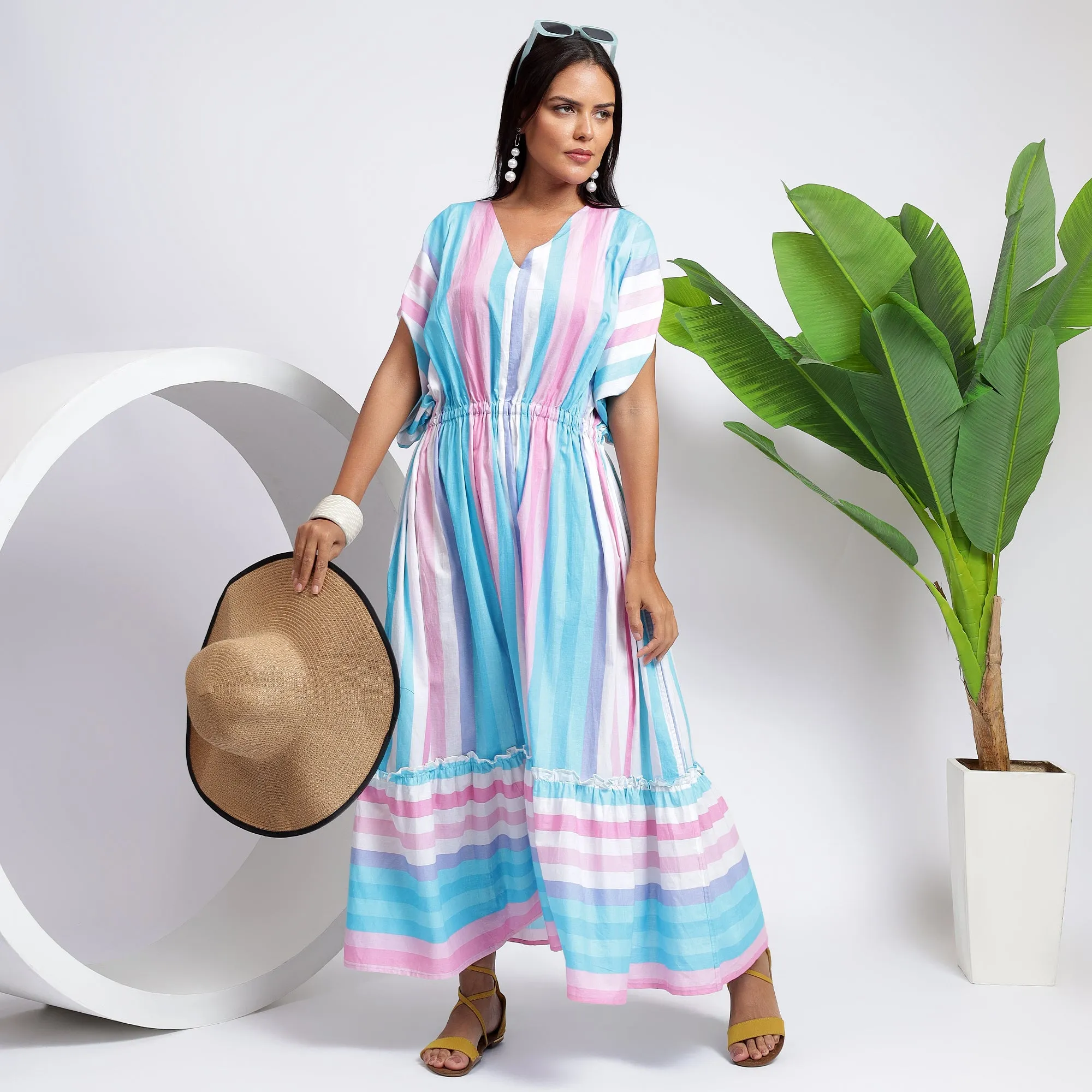 Women's Kaftan Style - Sky Blue Cotton Maxi Dresses